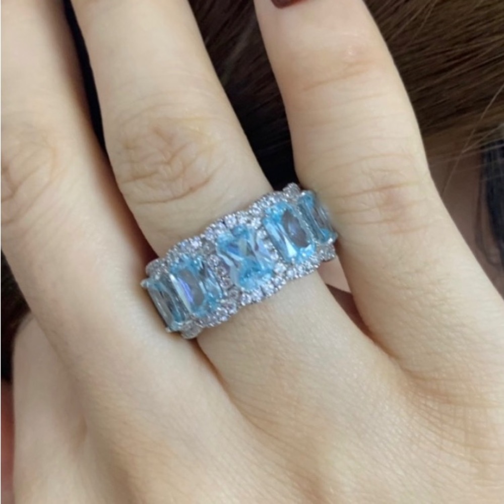 Aquamarine Ring Cushion Cut Eternity Wedding Band For Women 925 Sterling Silver - Picture 5 of 9